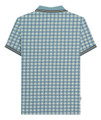 Lambretta All Over Geometric Mens Smart Classic Retro Polo Shirt, blue and beige patterned short-sleeve polo with striped collar and sleeve cuffs.