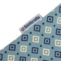 Lambretta All Over Geometric Mens Smart Classic Retro Polo Shirt, close-up of the fabric and label showing a light blue shirt with navy and beige geometric patterns.