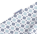 Lambretta All Over Geometric Mens Smart Classic Retro Polo Shirt, close-up of the white fabric with blue and teal square and dot pattern and Lambretta brand label.