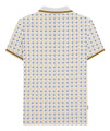 Lambretta All Over Geometric Mens Smart Classic Retro Polo Shirt, back view showing a white polo with a navy and yellow geometric diamond pattern and striped collar and sleeve cuffs.