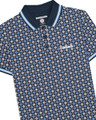 Lambretta All Over Geometric Mens Smart Classic Retro Polo Shirt, men's navy blue polo with a geometric pattern of white and blue squares and diamond shapes, featuring a ribbed collar and button placket.