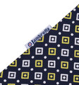 Lambretta All Over Geometric Mens Smart Classic Retro Polo Shirt, detailed close-up showing the navy fabric with yellow and white geometric pattern and branding tag.