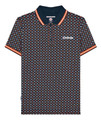 Lambretta All Over Geometric Mens Smart Classic Retro Polo Shirt, a men's polo shirt with a detailed geometric pattern in navy, orange, and white, featuring ribbed collar and sleeve cuffs with stripe accents.