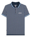 Lambretta All Over Geometric Mens Smart Classic Retro Polo Shirt, navy blue polo shirt featuring an all-over geometric pattern of white and blue diamonds, with ribbed collar and sleeve cuffs, and Lambretta logo embroidered on the chest.