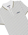 Lambretta All Over Geometric Mens Smart Classic Retro Polo Shirt, white shirt with a geometric pattern of small black and beige squares and dots, featuring a classic polo collar with beige and black stripes.