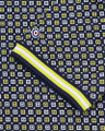 Lambretta All Over Geometric Mens Smart Classic Retro Polo Shirt, navy blue fabric with yellow and white square pattern, striped yellow and white cuff detail.