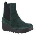 Fly London Bagu Womens Classic Wedge Heeled Pull On Ankle Boots, green suede ankle boots with pull-on style and wedge heel, featuring elastic side panels and rugged rubber sole.