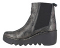 Fly London Bagu Womens Classic Wedge Heeled Pull On Ankle Boots, metallic textured finish with black elastic side panels and a thick rubber wedge sole for comfort and style.