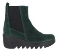 FLY London Bagu Womens Classic Wedge Heeled Pull On Ankle Boots, green suede ankle boots with a thick wedge heel and elastic side panels for easy wear.