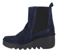 Fly London Bagu Women's Classic Wedge Heeled Pull On Ankle Boots, dark blue suede ankle boots with a chunky wedge heel and elastic side panels for easy slip-on wear.