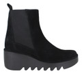 FLY London Bagu Womens Classic Wedge Heeled Pull On Ankle Boots, black suede ankle boots with platform wedge heel and elastic side panels for easy pull-on wear.
