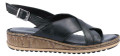 Hush Puppies Elena Womens Crossover Casual Strap Buckle Sandals, black leather sandal with crossover straps, adjustable ankle buckle, and cork-like sole.