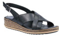 Hush Puppies Elena Womens Crossover Casual Strap Buckle Sandals, black leather sandal with a cork-inspired sole and adjustable ankle strap.