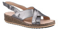 Hush Puppies Elena Womens Crossover Casual Strap Buckle Sandals, stylish metallic gray sandal with crossover straps, buckle closure, and cushioned footbed for comfort and casual wear.