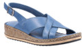 Hush Puppies Elena Womens Crossover Casual Strap Buckle Sandals, blue leather sandal with crossover straps, buckle closure, and a wedge cork-style sole.