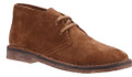 Hush Puppies Samuel Mens Desert Chukka Leather Comfort Ankle Boots, a men's ankle boot crafted from brown leather with a suede finish featuring lace-up closure, low heel, and rugged sole for casual and comfortable wear.