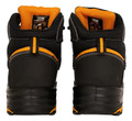 JCB Backhoe Mens Composite Toe Midsole S3 Safety Work Ankle Boots, rear view showing black and orange design with reinforced heel and padded collar for added safety and comfort.