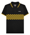 Lambretta Mens Classic Retro 2 Tone Mod Ska Casual Polo Shirt, black polo with yellow checkered pattern and yellow stripes on collar and sleeves.