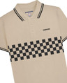 Lambretta Mens Classic Retro 2 Tone Mod Ska Casual Polo Shirt, beige color with black checkered pattern across the chest and black trim on the collar and sleeves.