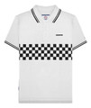 Lambretta Mens Classic Retro 2 Tone Mod Ska Casual Polo Shirt, white polo shirt with black checkered band across the chest and black striped collar and sleeves.