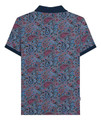 Lambretta Mens Classic Paisley Print Mod Retro Ska Casual Polo, a men's short-sleeve polo shirt featuring a vibrant paisley pattern in blue, pink, and purple with a solid navy collar and sleeve cuffs.