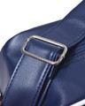 Lambretta Classic Retro Messenger Shoulder Laptop Tablet Bag, close-up of adjustable strap buckle on navy blue synthetic leather bag.