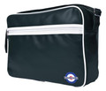 Lambretta Classic Retro Messenger Shoulder Laptop Tablet Body Strap Bag, black with white accents, featuring a front zipper pocket and Lambretta logo.