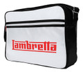 Lambretta Classic Retro Messenger Shoulder Laptop Tablet Body Strap Bag, white and black color with bold red Lambretta logo on the front pocket.