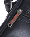 Lambretta Classic Retro Messenger Shoulder Laptop Tablet Body Strap Bag, close-up of metal zipper with red Lambretta logo on black leather material.