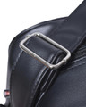 Lambretta Classic Retro Messenger Shoulder Laptop Tablet Body Strap Bag, close-up view of the adjustable silver buckle and black synthetic leather material for stylish carrying.