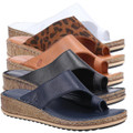 Hush Puppies Elissa Womens Wedge Heeled Slip On Toe Post Sandals, multi-color wedge sandals with slip-on design and textured straps in white, animal print, tan, black, and navy blue.