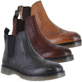 Frank James Warkton Mens Classic Dealer Chelsea Leather Brogue Ankle Boots, display of three stylish leather ankle boots in black, brown, and tan with brogue detailing, elastic side panels, and slip-on design.