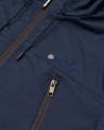 Lambretta Mens Casual Jacket Hooded Lightweight MOD SKA Parka Coat, close-up of navy blue lightweight jacket with a front zipper, branded embroidery, and a hood drawstring.