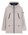 Lambretta Mens Casual Jacket Hooded Lightweight MOD SKA Parka Coat, front view showing the beige hooded jacket with black zipper, zippered chest pockets, and patch on sleeve.