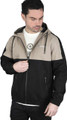 Lambretta Mens Contrast Panel Retro Zip Up Hooded Coat Jacket, front view showing beige and black color block design with a hood, zip closure, and pocket zippers.