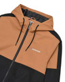 Lambretta Mens Contrast Panel Retro Zip Up Hooded Coat Jacket, front view showing black and tan color blocking design, zip closure, adjustable drawstrings, and embroidered Lambretta logo.