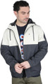 Lambretta Mens Contrast Panel Retro Zip Up Hooded Coat Jacket, male model wearing a stylish windbreaker with black and white color blocks, zip front, and hood.