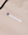 Lambretta Mens Contrast Panel Retro Zip Up Hooded Coat Jacket, close-up of the beige fabric with embroidered Lambretta logo and black drawstring.