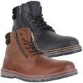 Thomas Crick Sawston Mens Casual Smart Leather Zip Up Ankle Boots, pair of stylish black and brown leather ankle boots with side zippers and lace-up fronts, suitable for casual or smart occasions.