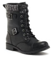 Rocket Dog Billie Womens Ankle Buckle Lace Up Military Boots, black leather ankle boots with lace-up front, buckle detail, and textured fabric collar for a stylish and durable look