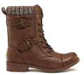 Rocket Dog Billie Womens Ankle Buckle Lace Up Military Boots, brown leather lace-up ankle boots with buckle straps and knit cuff at the top.