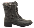 Rocket Dog Thunder Womens Classic Ankle Lace Up Biker Boots, black leather ankle boots with lace-up front, buckle detail, and patterned fabric cuff.