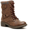 Rocket Dog Thunder Womens Classic Ankle Lace Up Biker Boots, brown leather ankle boots with lace-up front, buckle and strap detailing, and a plaid fabric detail at the top, featuring a sturdy sole.