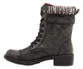 Rocket Dog Thunder Womens Classic Ankle Lace Up Biker Boots, black leather ankle boots with a textured patterned collar and lace-up front.