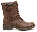 Rocket Dog Thunder Womens Classic Ankle Lace Up Biker Boots, brown leather boots with buckle detail and plaid padded collar.