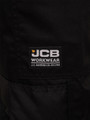 JCB Essential Mens Cargo Work Trade Trousers, close-up of black fabric with a branded label.