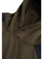 Caterpillar Essential Mens Work Pull Over Sweat Shirt Hoodie, close-up of the brown hoodie with a zipper and navy blue accents on the shoulders.