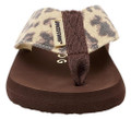 Rocket Dog Adios Womens Casual Flip Flop Toe Post Sandals, featuring a brown footbed and a leopard print strap with a brown fabric loop.