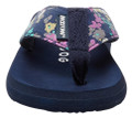 Rocket Dog Adios Womens Casual Flip Flop Toe Post Sandals, front view of navy blue flip flop sandal with floral patterned strap and black sole.