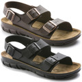 Birkenstock Kano Birko Flor Mens Work Kitchen Garden Sandals - Regular Width, close-up image showing dark brown and black sandals with adjustable strap buckles, cushioned footbed, and rugged sole suitable for work, kitchen, or garden use.